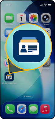Smartphone home screen with the BC Services Card app icon highlighted